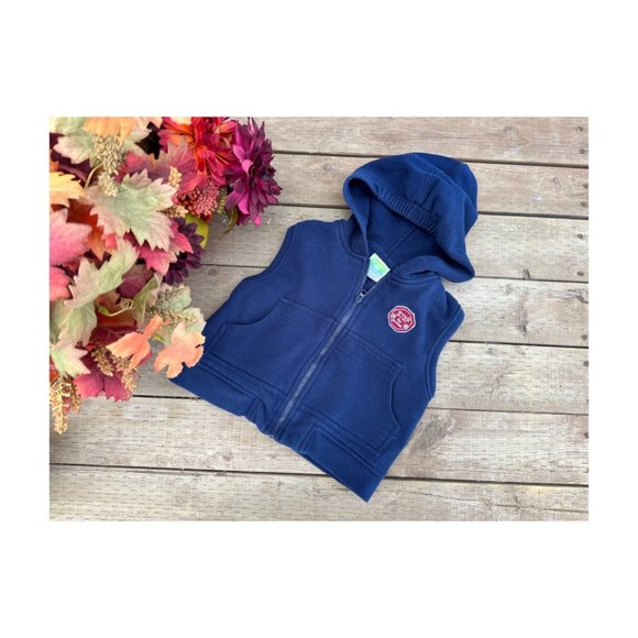 Y2K Sesame Street Beginnings Fleece Hoodie Vest Navy Blue "Stop for Cookies" Pat - Picture 1 of 7